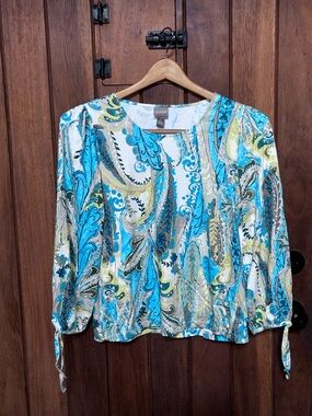 Chico's Turquoise Paisley Tie-Sleeve Blouse